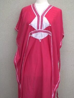 Pink Embroidered Caftan with White Trim